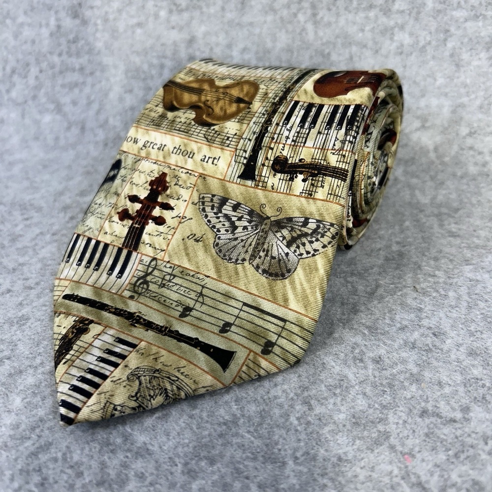 Music Notes Piano Violin Instrument Print 100% Silk Necktie Eagles Wings Tan